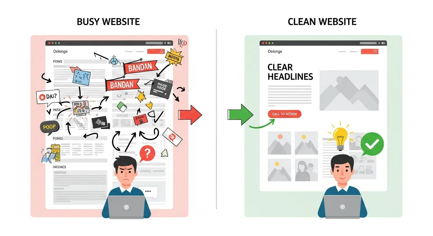 A color illustration comparing a cluttered, confusing website interface with a clean, user-friendly design. One user looks frustrated in front of the crowded layout, while another smiles confidently in front of the optimized site.