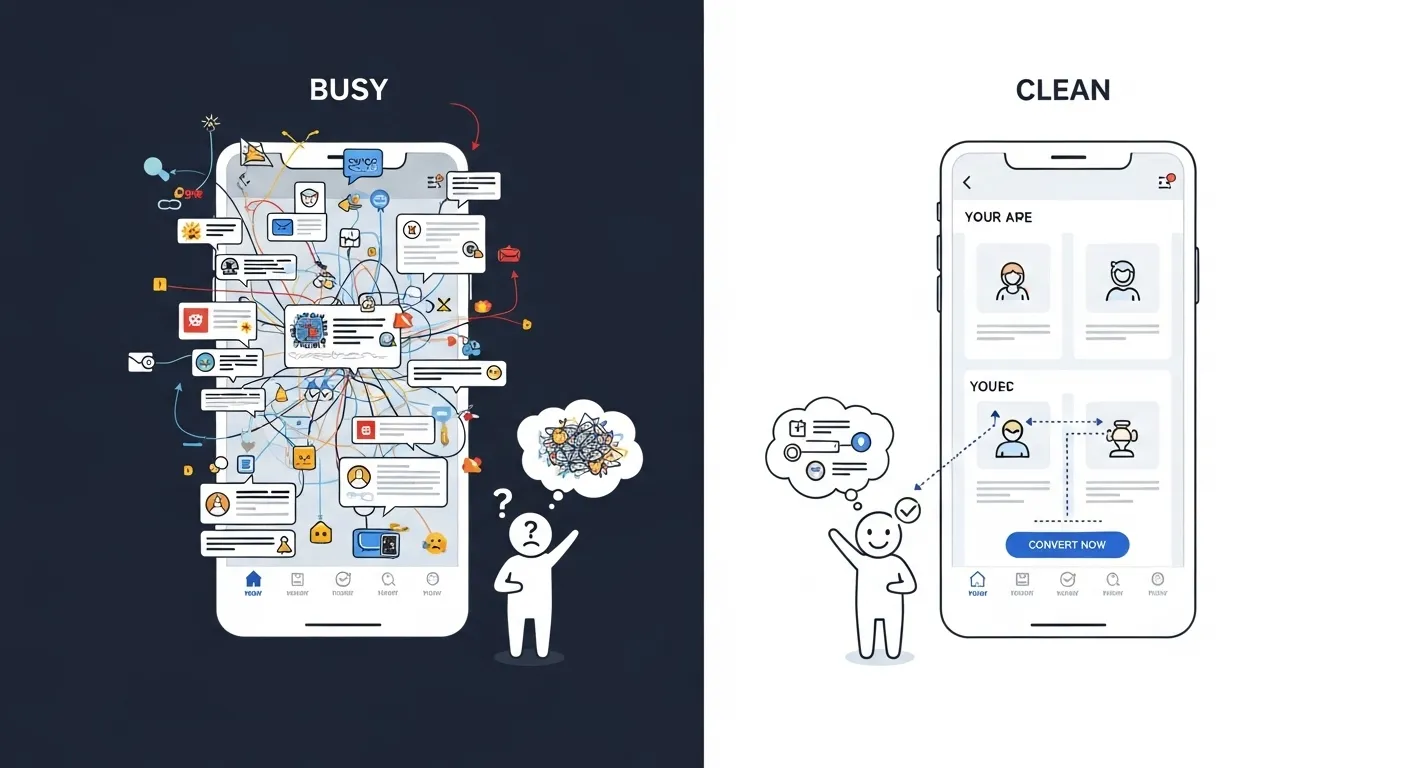 A graphic illustration of another website UI and UX design mistake, showing two mobile user experiences and the difference in user reaction.