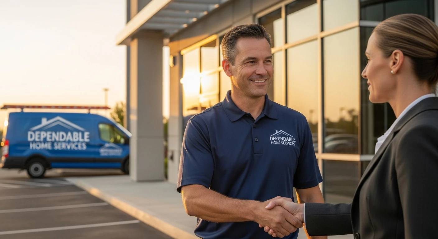 Home services professional shaking hands with a business client outside a modern commercial building, with a blue service van labeled ‘Dependable Home Services’ parked in the background.