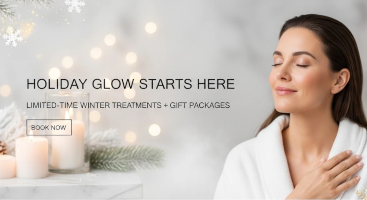 Luxury holiday medspa banner with peaceful woman in white robe, glowing skin, soft winter lights, and candles promoting winter treatments and gift packages, showing how advertising design services can help attract clients for businesses