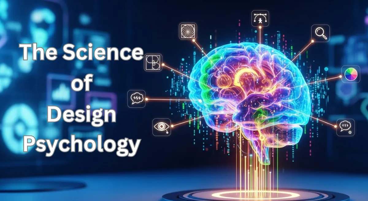 Design psychology visual showing a glowing, multicolored human brain connected to icons representing perception, cognition, color theory, usability, and user behavior, illustrating the science of design psychology and how the brain processes visual information.